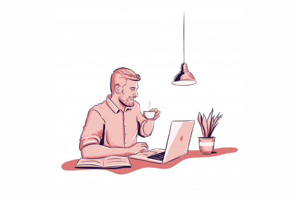 работник пьет кофе за компьютером работа дома офис карьера самозанятый